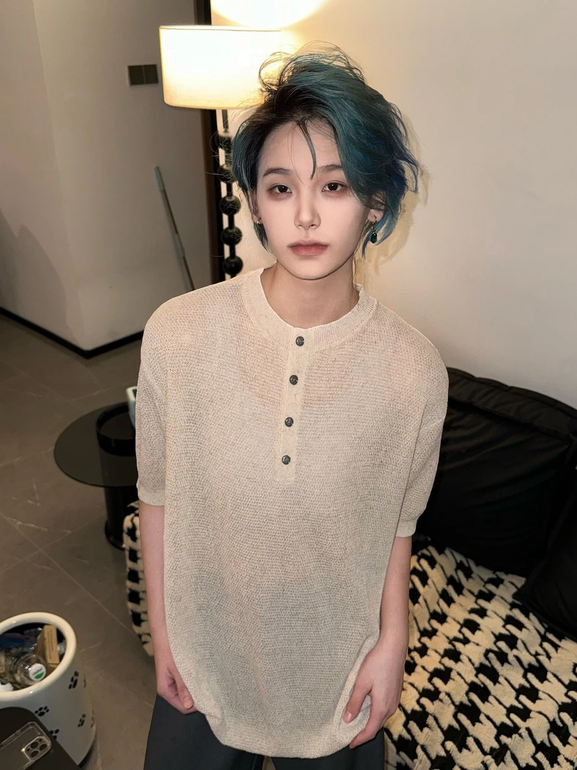 Goblin mode*复古亨利领针织短袖T恤男女休闲百搭cleanfit高级感