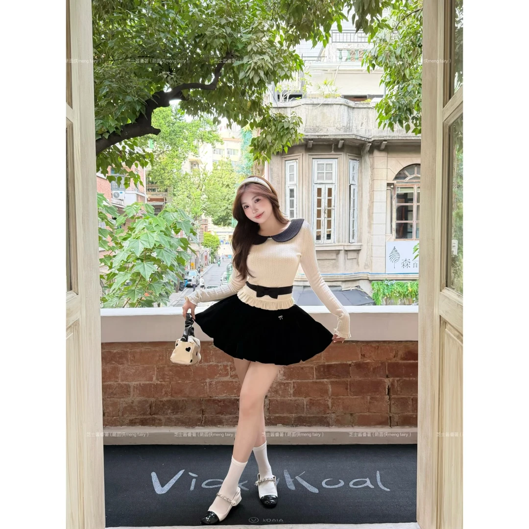 萌面侠芝士【乖乖千金】韩系蝴蝶结上衣花苞丝绒半裙套装6657 6640