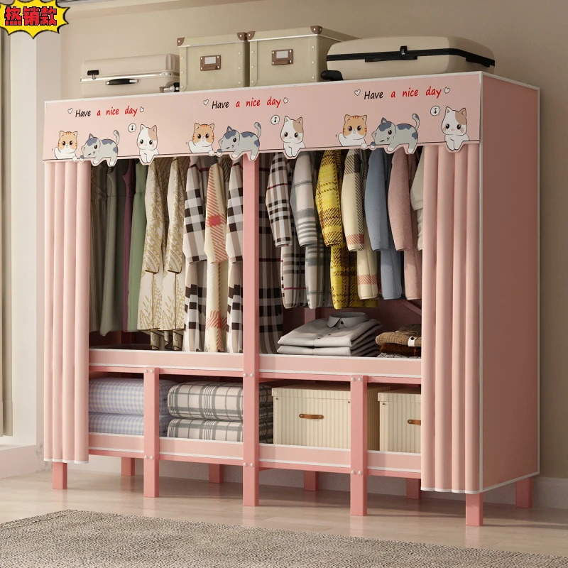 衣柜出租房用免安装折叠金属衣柜简易组装布衣柜钢管加粗收纳柜子