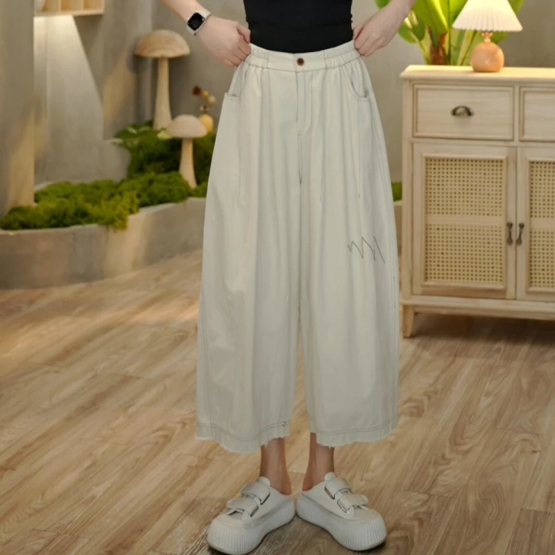 2442 夏季新款明线设计高腰显瘦阔腿裤休闲百搭九分裤