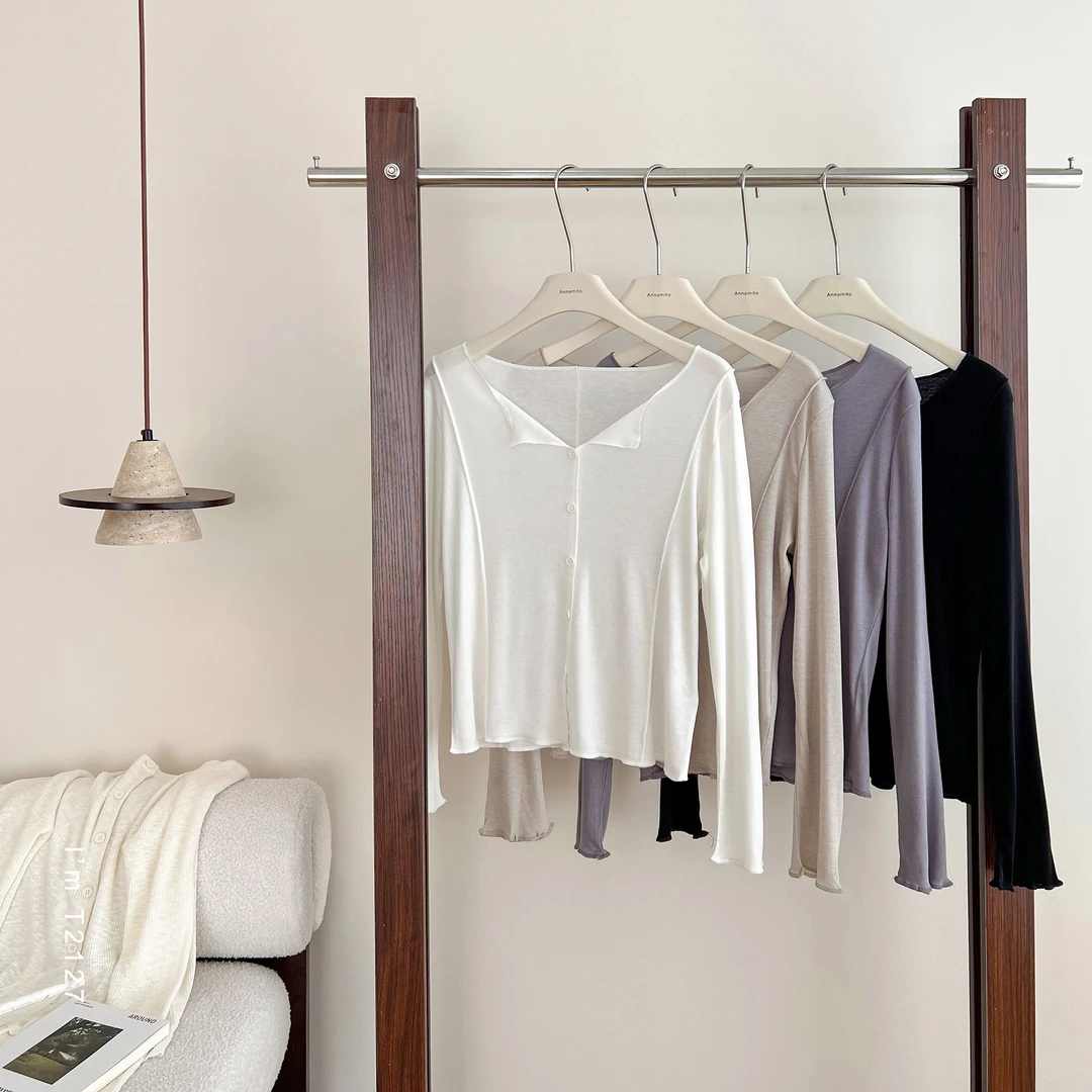 设计感鱼骨线翻领夏季薄款微透显瘦长袖针织T恤  T2127