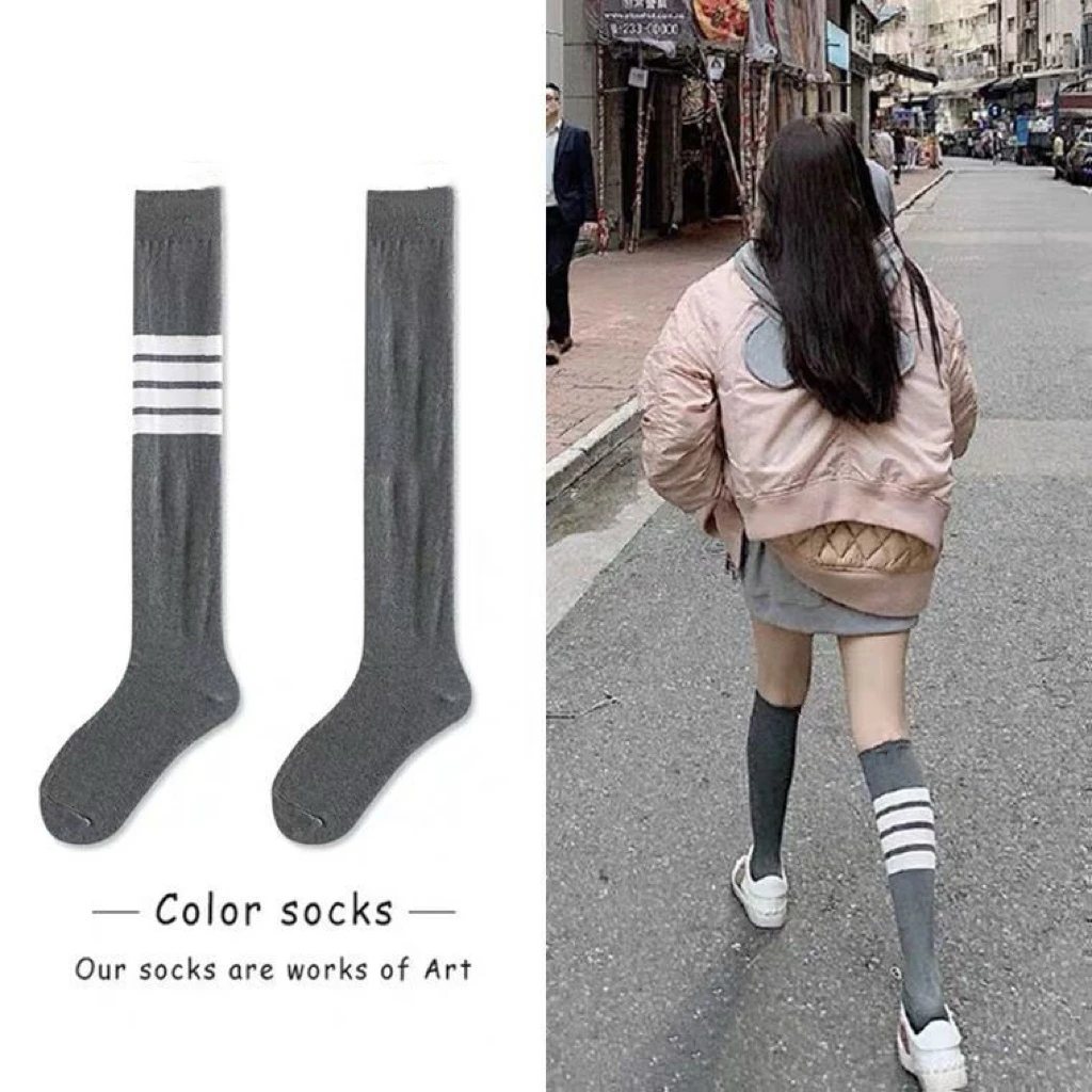 春夏袜子女TB小腿袜灰色个性ins中筒JK高筒四杠条纹不对称长筒袜