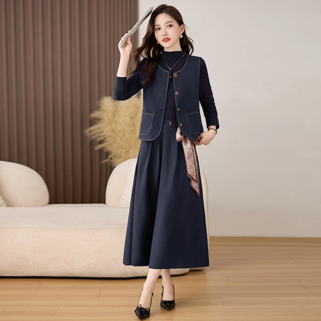 裙子套装女2025秋季新款气质马甲针织衫半裙三件套配丝巾JX2563