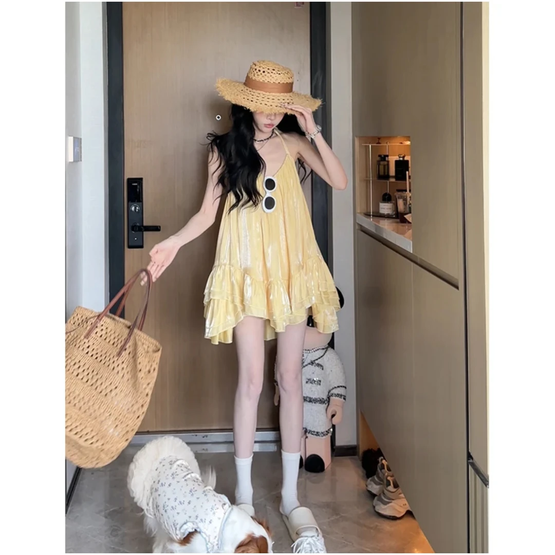 溪溪靓衫夏季新款甜心裙时尚甜美减龄感V领挂脖不规则双层蛋糕裙