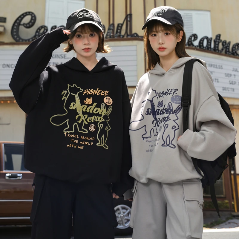 森女部落甜酷风卡通印花连帽卫衣女2025新款秋冬百搭显瘦宽松上衣