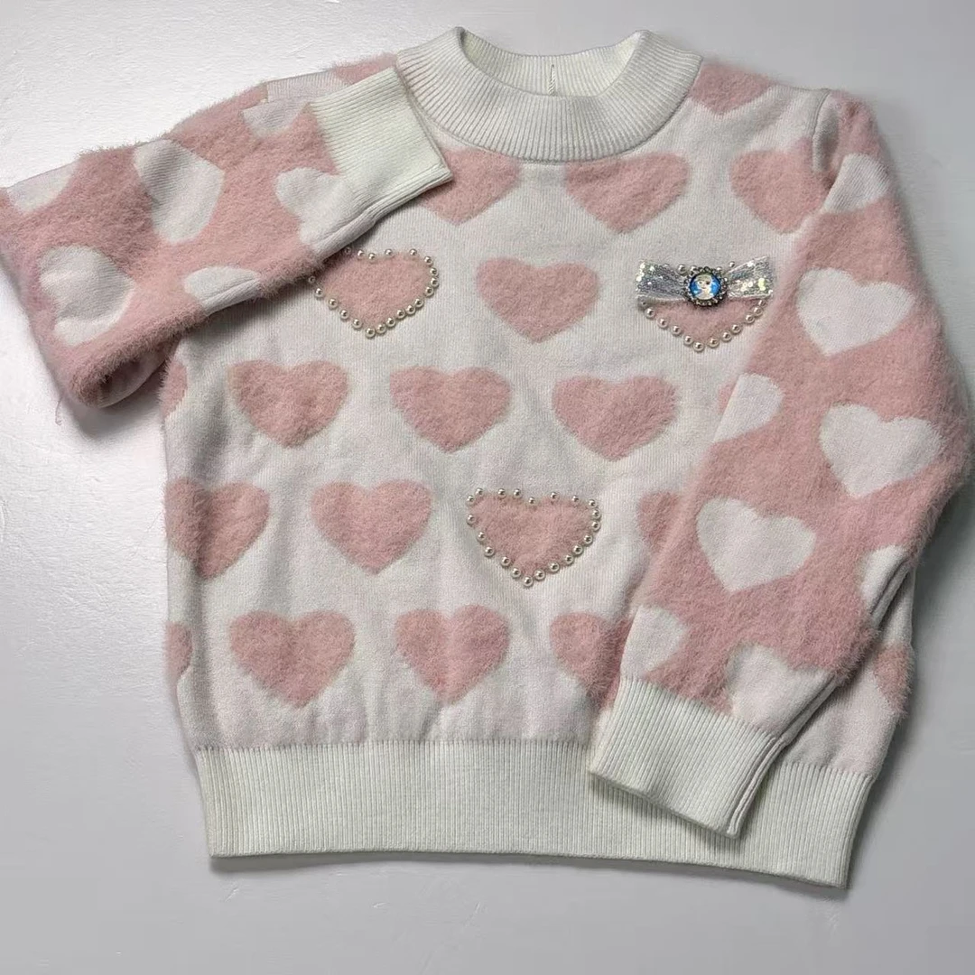 FROZEN新款女宝童装可爱甜美满印爱心加厚保暖气质套头毛衣（204）