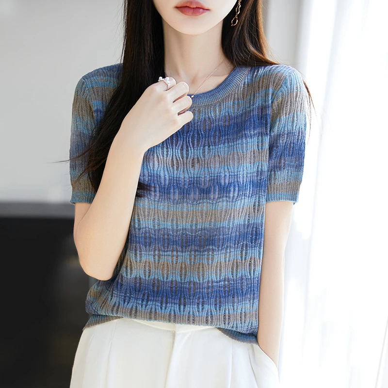 女士16针精纺彩虹套头镂空短袖洋气夏季薄款圆领条纹撞色T恤上衣