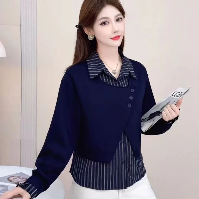 女士假两件翻领衬衫秋季新款拼接撞色时尚百搭25551