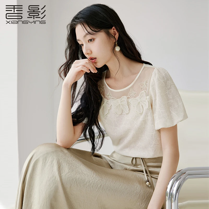S85S441蕾丝衫 香影立体蝴蝶提花蕾丝衫夏季新款正肩女士气质上衣