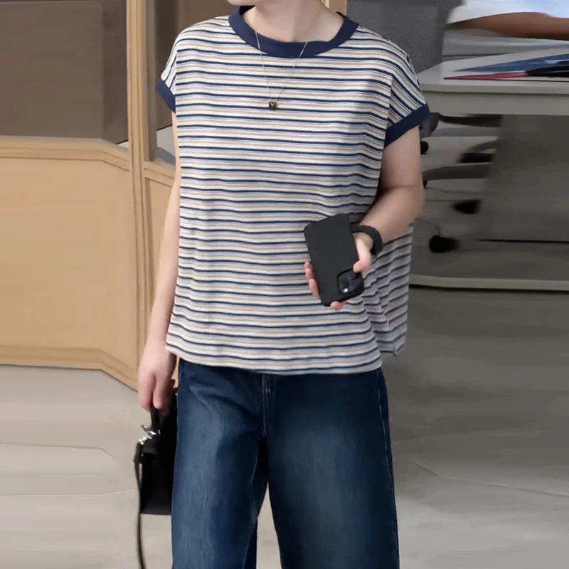 休闲气质简约经典百搭条纹短袖T恤女2025年夏季新款通勤日常上衣