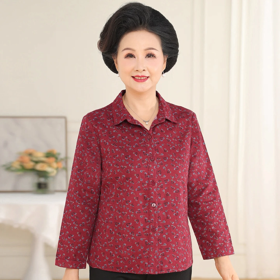 中老年妈妈装全棉长袖衬衫早秋奶奶舒适宽松上衣碎花纯棉大码衬衣