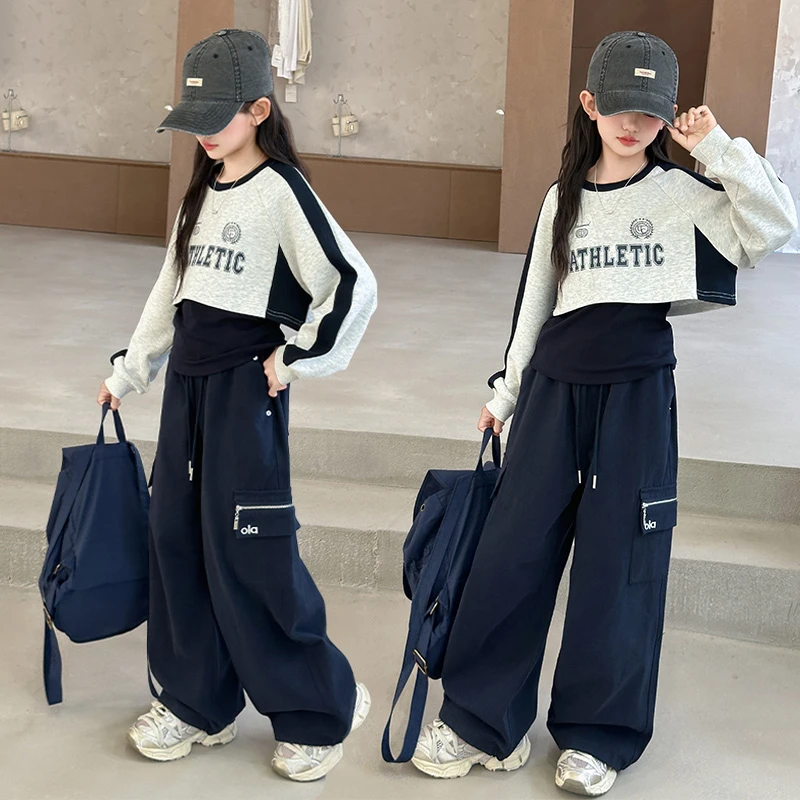 女童春秋款卫衣背心套装女大童儿童秋装宽松阔腿裤工装裤三件套