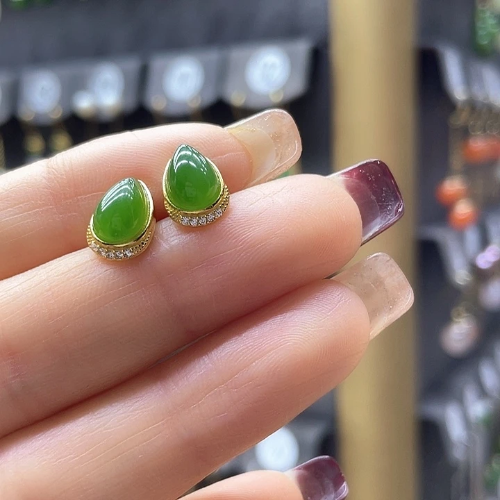 和田玉耳饰银S925镶嵌