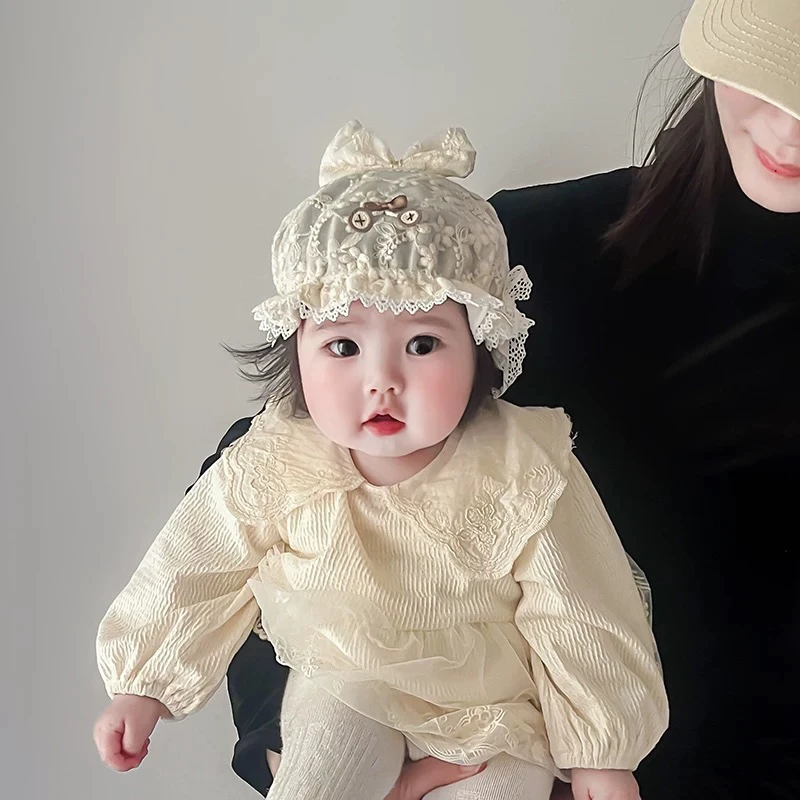 婴儿帽子春夏款渔夫帽遮阳盆帽女儿童花边薄款蕾丝公主帽防晒帽韩