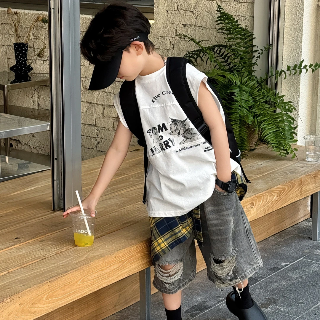 宽松无袖薄款服装泰如2025宝宝新款儿童洋气百搭痞帅美式卡通T恤