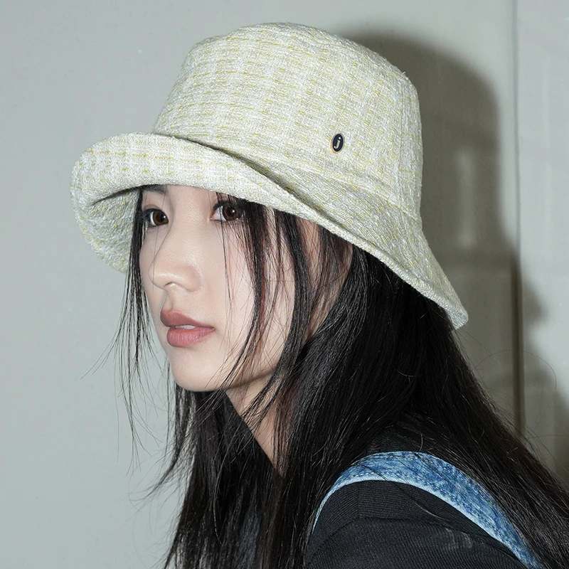 JOJOKUR淡奶油黄色奶呼呼暗纹小香风粗呢渔夫帽秋季遮阳帽