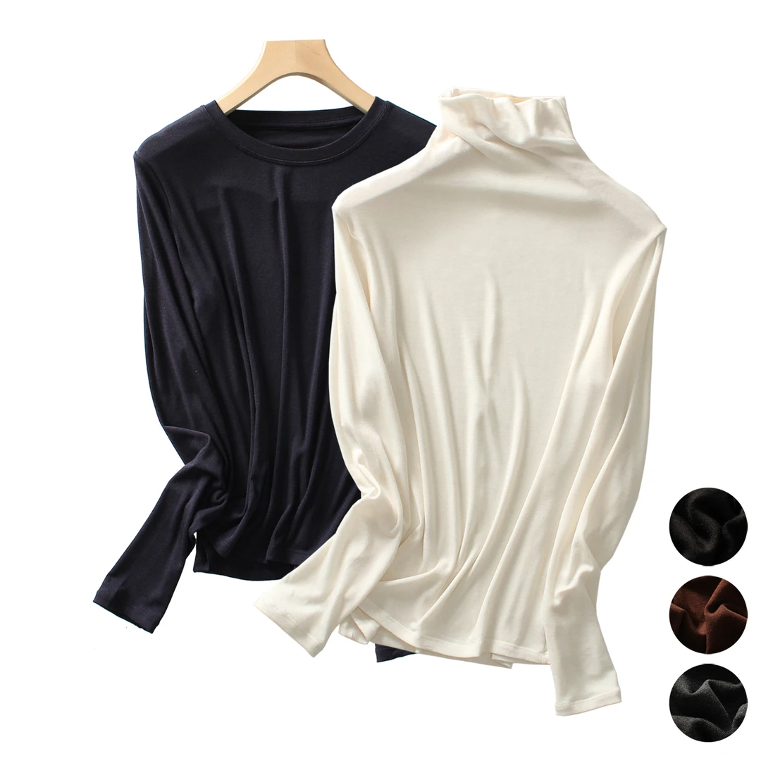 天丝+羊毛+发热腈纶~柔软轻薄保暖打底衫~百搭圆领/堆堆领长袖T恤