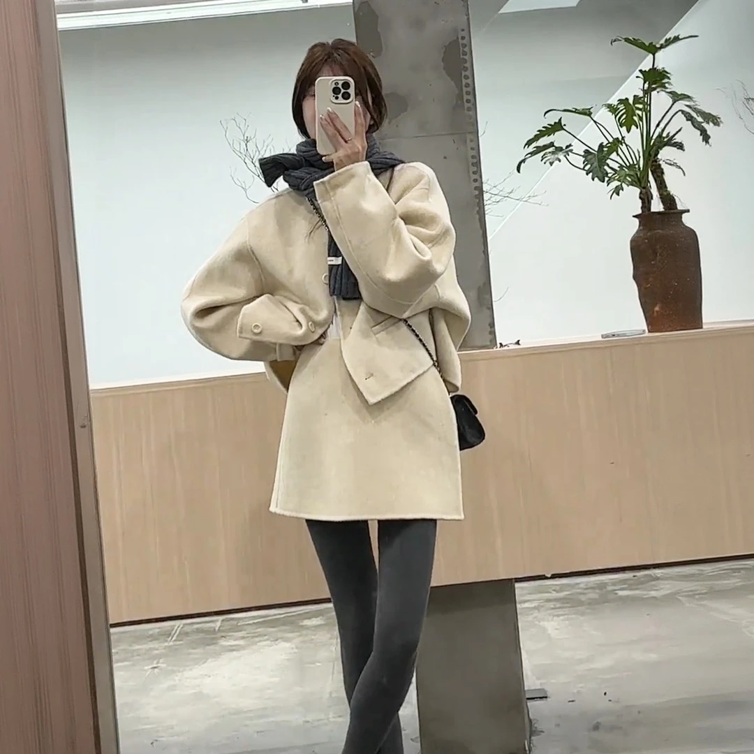 秋冬时尚慵懒风毛呢套装女2025新款气质通勤休闲外套半身裙两件套