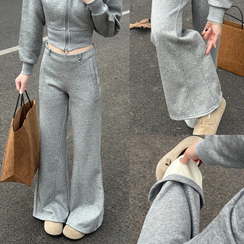 美式微喇运动裤女秋冬美拉德加绒阔腿喇叭卫裤垂感休闲拖地长裤子