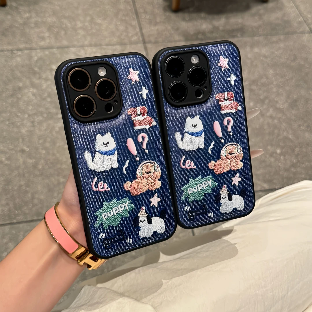 牛仔刺绣小狗适用苹果17promax手机壳iPhone16华为vivo小米14oppo