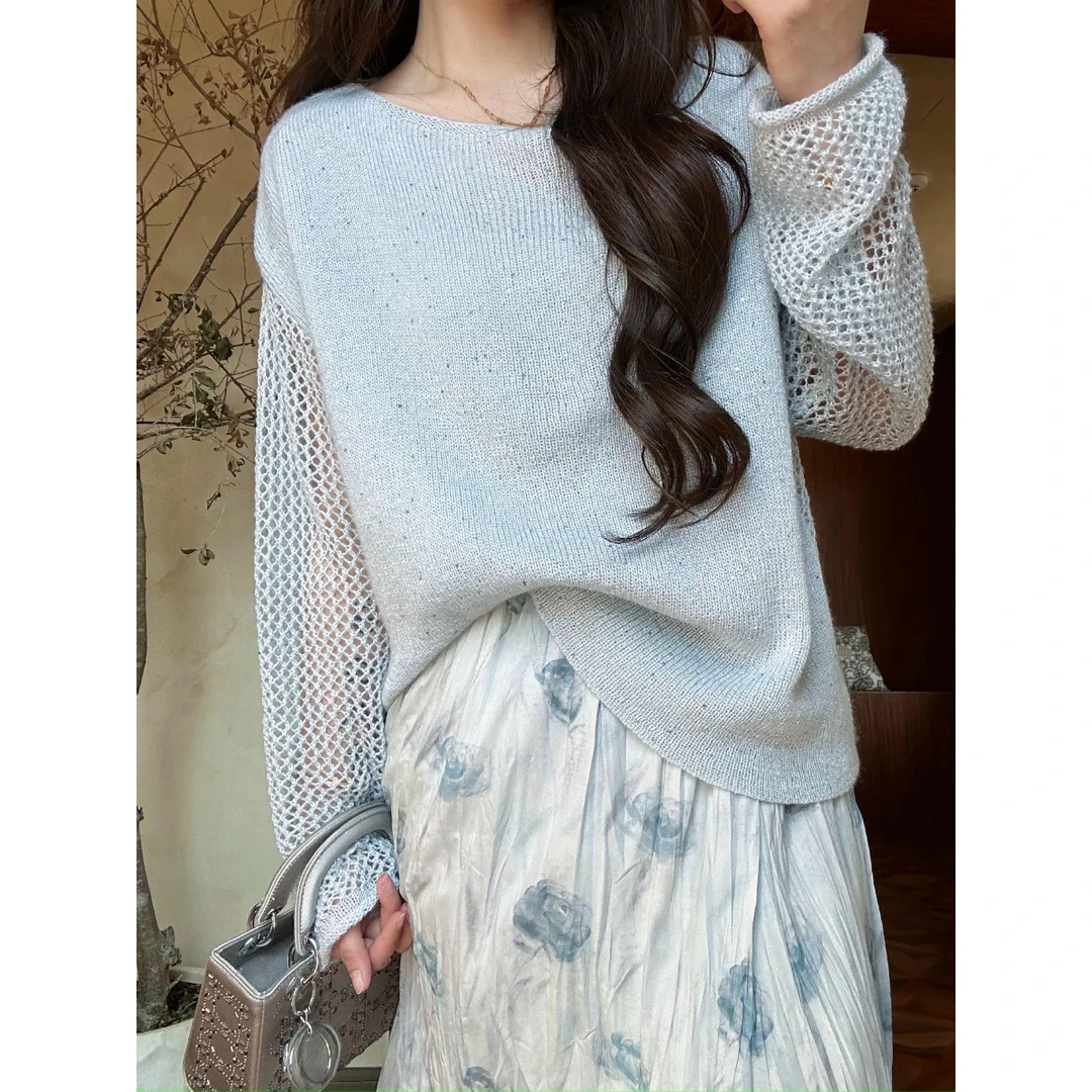 现货李潇洒【瓦尔登蓝】微胖法式温柔奶油软糯感浅蓝色宽松针织衫