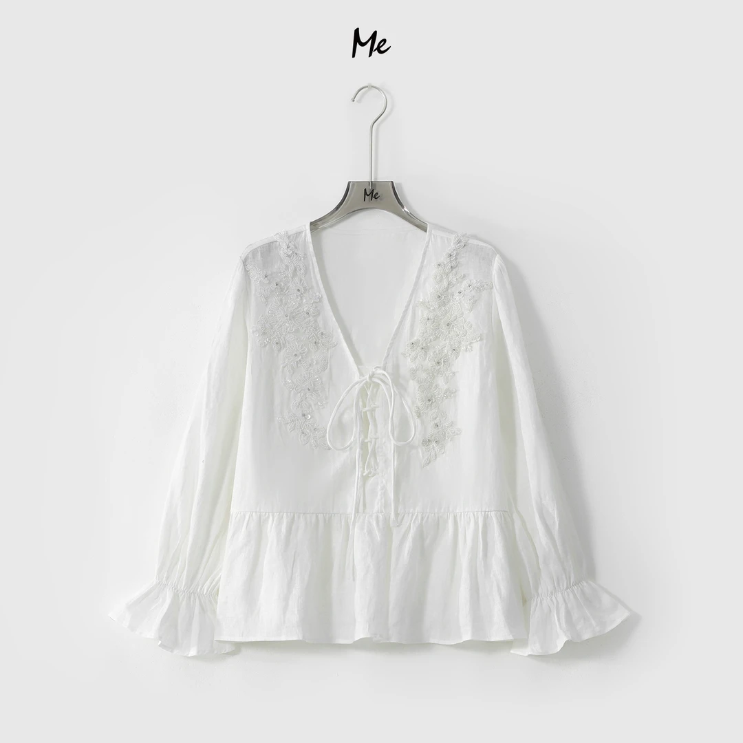 ME【100%亚麻珠花茶歇衫】减龄初恋感显瘦时尚百搭休闲上衣MESS5771