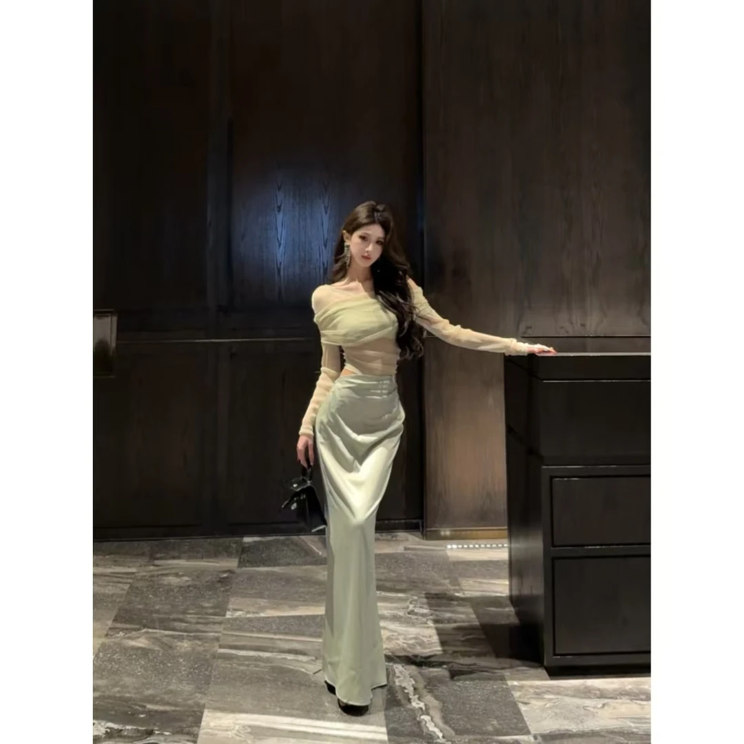 【繁星女神】高级感一字肩网纱连衣裙女年会露肩高腰镂空聚会裙子