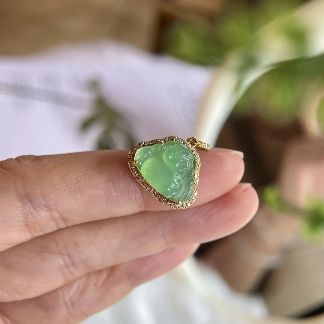 天然a货翡翠18k镶嵌果绿佛公