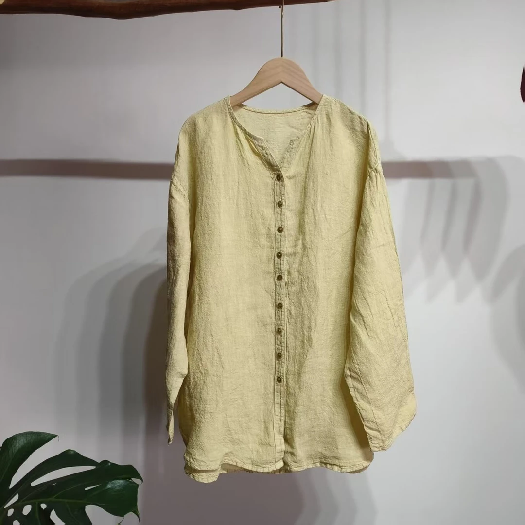 唐不染-清茶62520 亚麻衬衫夏季文艺复古舒适透气宽松禅意老钱风
