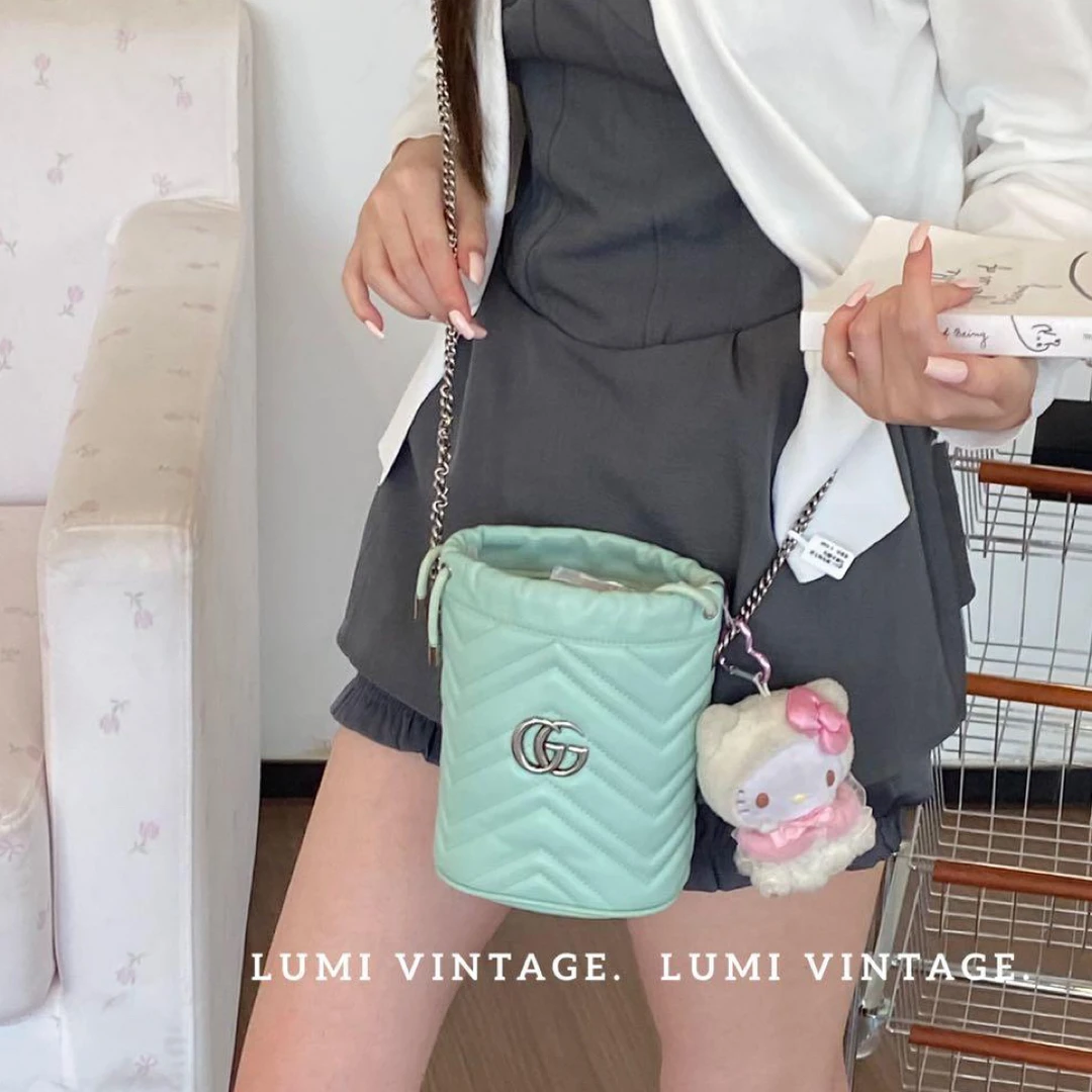 95新 GUCCI/古驰 薄荷绿牛皮马蒙水桶包96531371