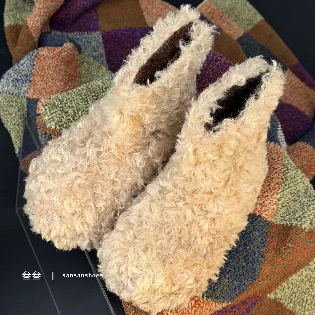 冬季外穿毛绒保暖中跟时尚雪地靴百搭加绒时尚卷卷毛毛棉鞋