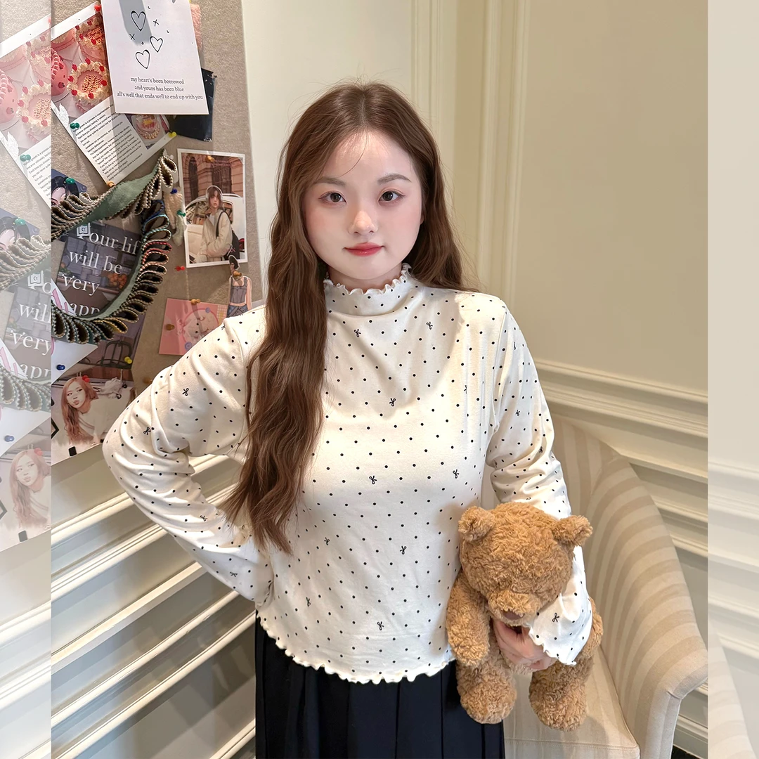 【LT STUDIO辣条大码】甜美软糯蝴蝶结印花波点打底衫