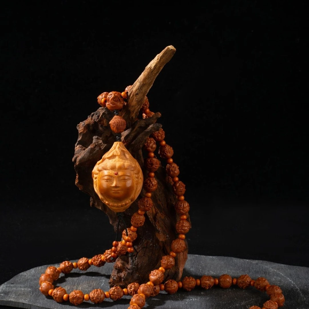 龙纹桃核雕刻双面108罗汉54颗文玩脖挂项链尺寸10+小籽配橄榄隔珠