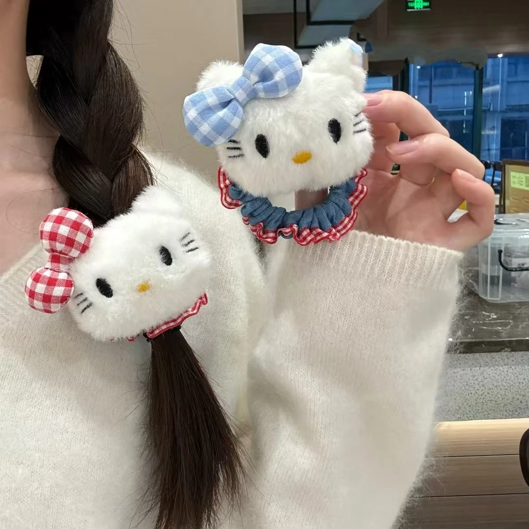 可爱蓝色格子猫咪牛仔发圈日系甜美高颜值少女马尾发绳百搭发饰