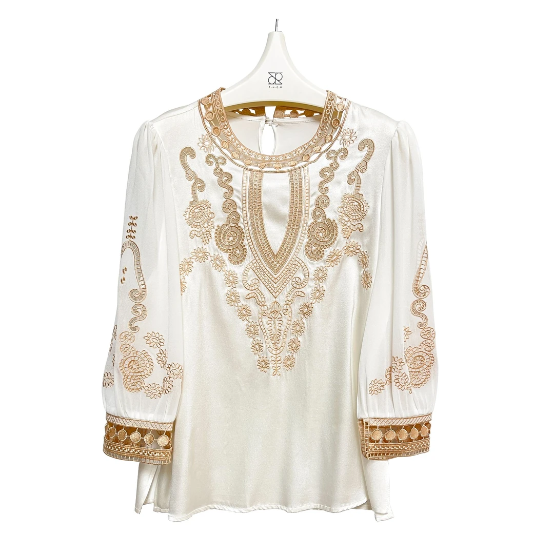 重磅桑蚕丝真丝锻镂空刺绣印花上衣