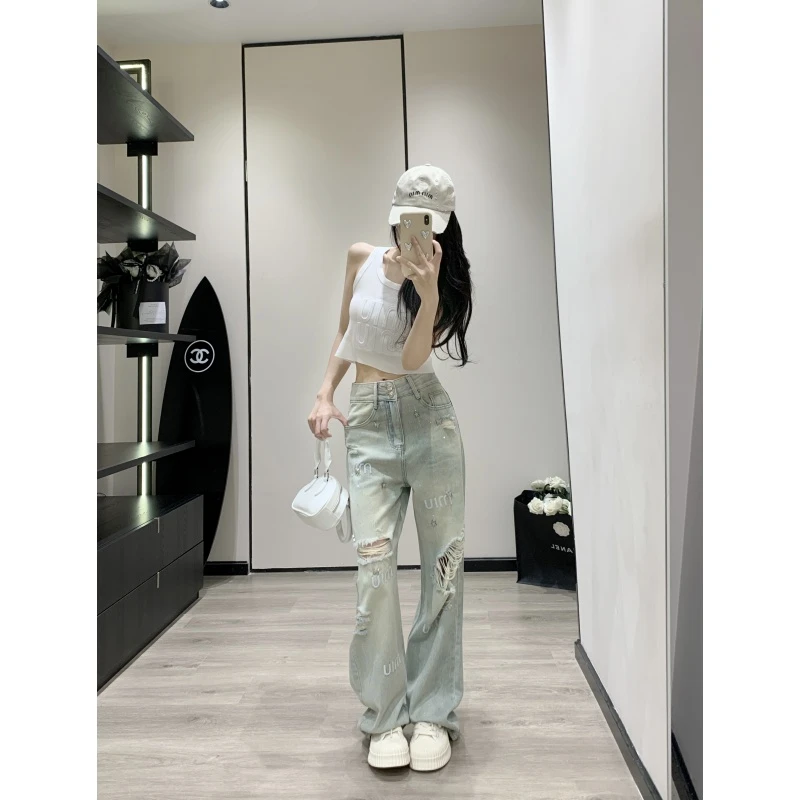 复古做旧星星烫钻钉珠牛仔裤女2025秋季新款垂感高腰破洞直筒长裤