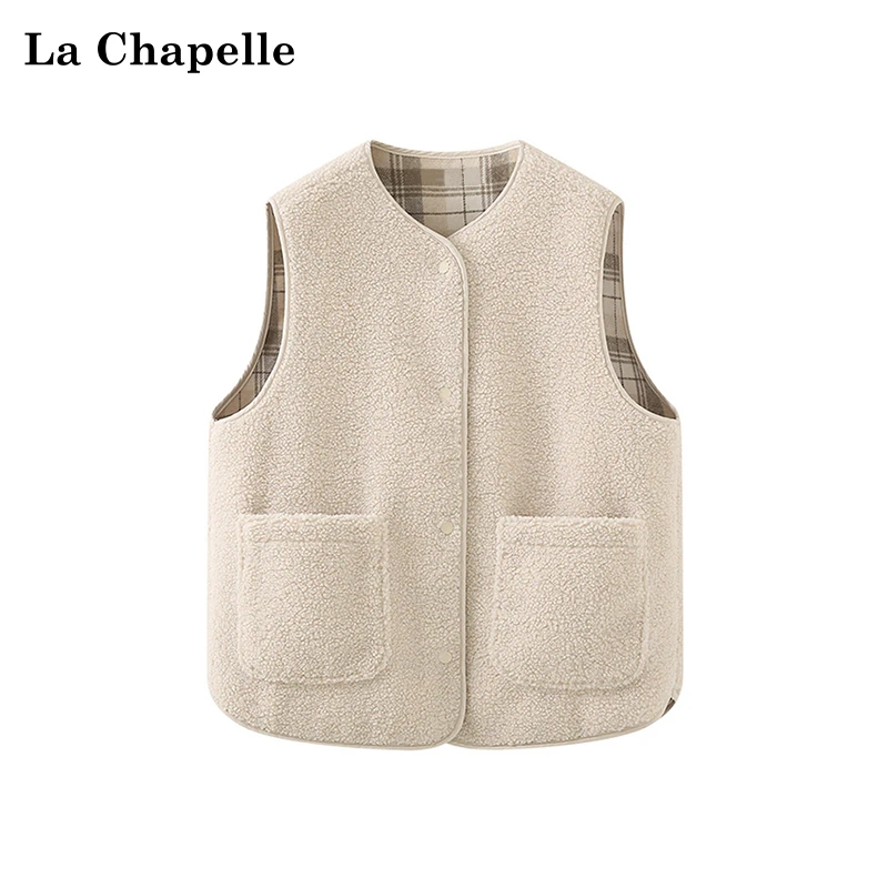 拉夏贝尔两面穿仿羊羔毛保暖休闲马甲背心女宽松百搭外穿马夹外套