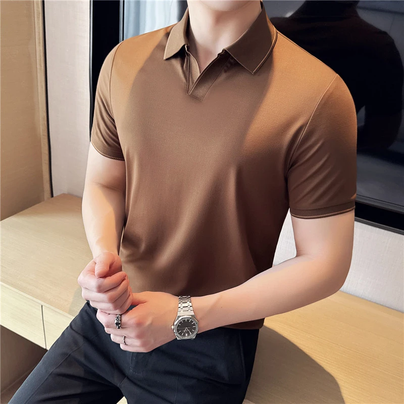 高级感撞色小v领薄款冰丝亲肤垂感POLO衫男款夏季弹力翻领短袖T恤