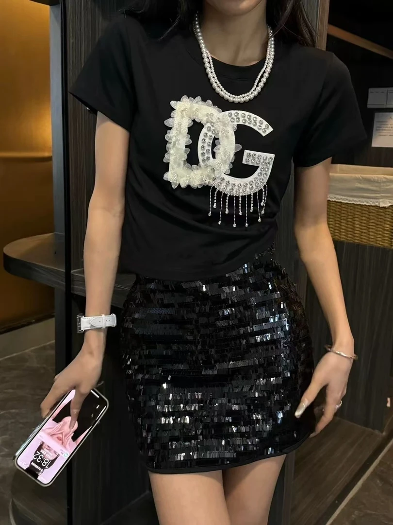 2025新款夏季辣妹女装均码棉短袖t恤女ins潮上衣重工时尚小众T恤