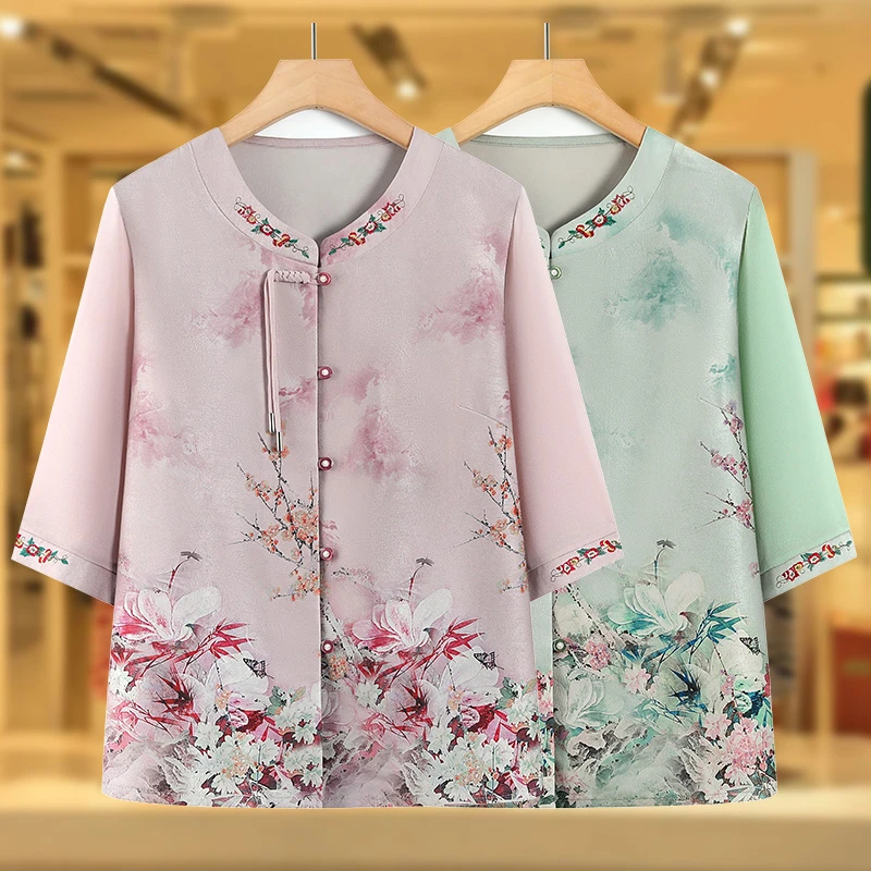 中老年人奶奶装夏款中袖衬衫新中式国风妈妈女装60岁老人衣服新款
