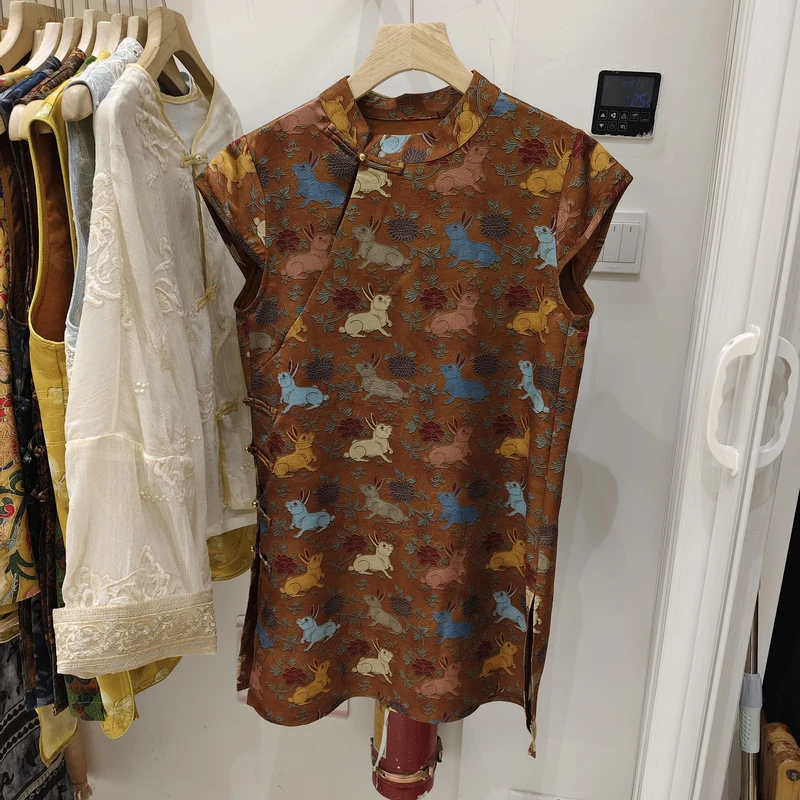 国风玉兔印花高级感盘扣立领衬衫女夏季新品新中式设计感人丝上衣