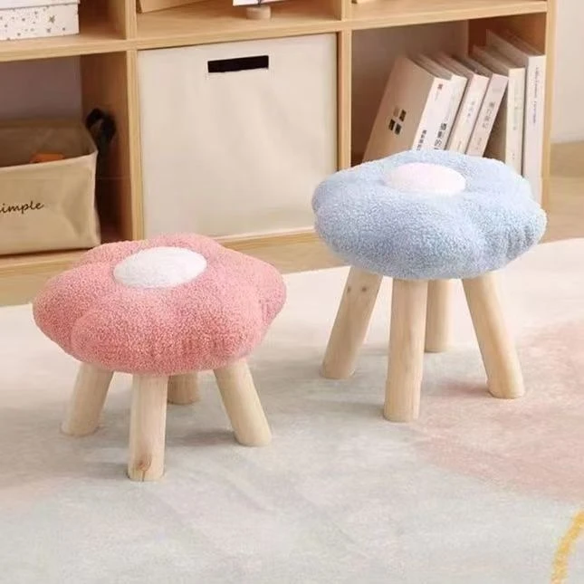 灰色可爱松木柔软泰迪绒简约小矮凳云朵造型家用换鞋凳子板凳客厅