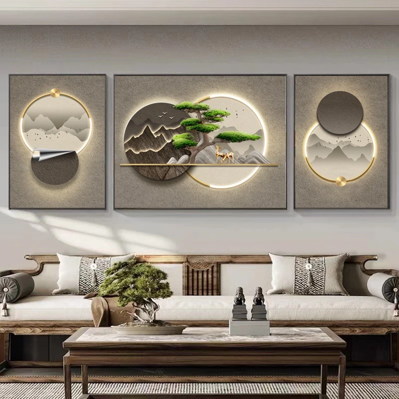 客厅装饰画轻奢沙发背景墙挂画简约现代立体山水画高端大气三联画