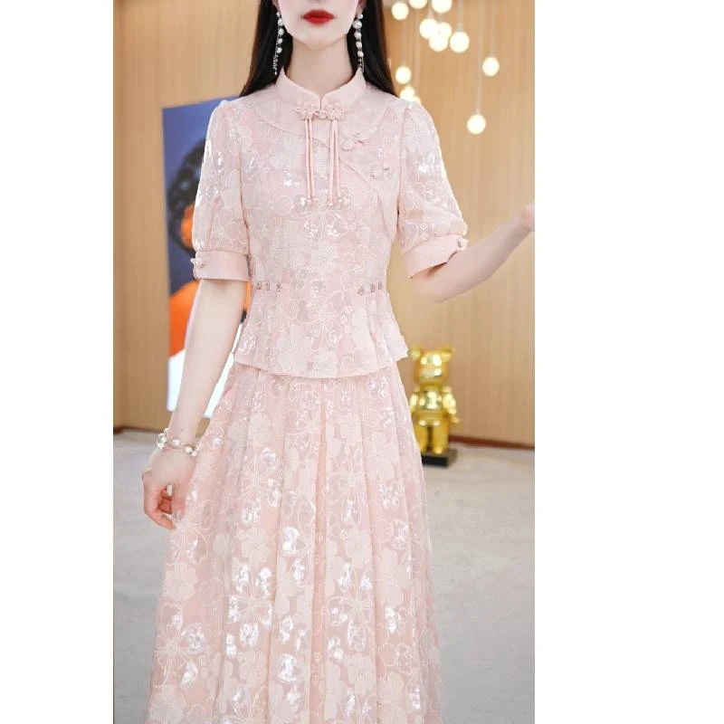 【上下套装】夏季旗袍领设计感波点优雅休闲短袖通勤两件套M-4XL