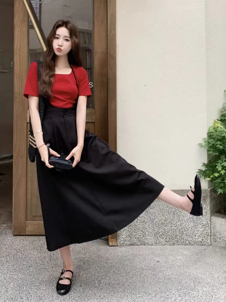 红色T恤挂脖连衣裙套装两件套女夏韩系超好看独特别致减龄8362