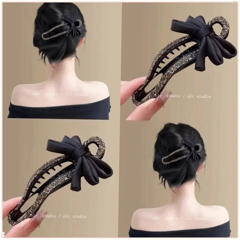 气质闪钻蝴蝶结发卡抓夹女HXSP后脑勺懒人盘发神器鸭嘴夹一【煌耀】