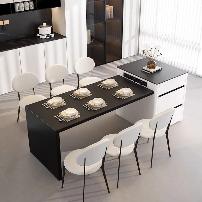 现代简约轻奢实用可伸缩岩板家用小户型奶白色半圆餐桌一体化设计