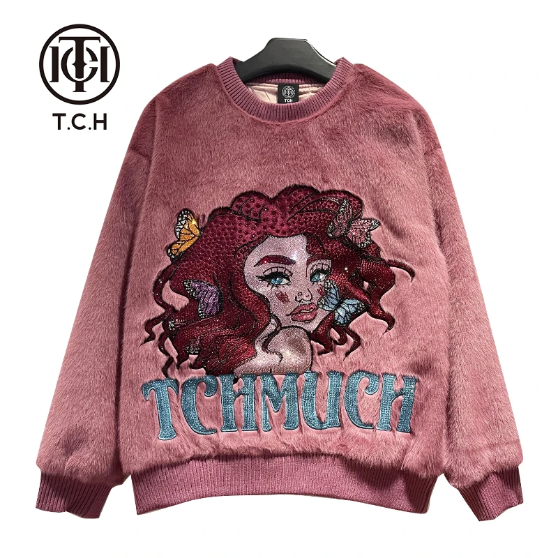 TCH服饰店播-秋冬美女烫钻粉色毛毛卫衣T21111C6083