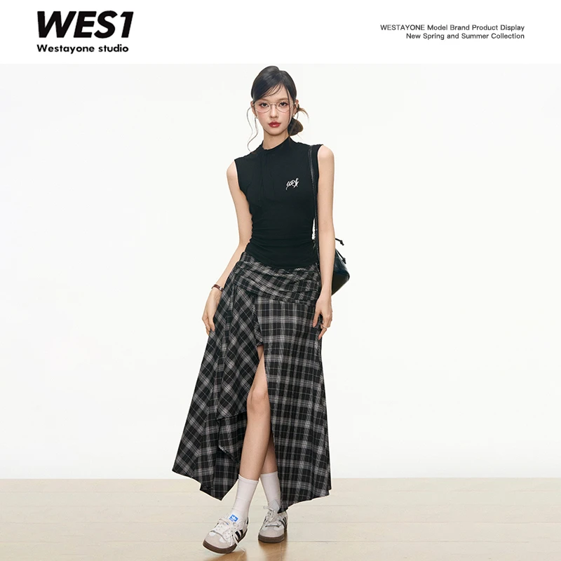 【5月8号新品】WESTAYONE 设计感格纹半身裙+蝴蝶结针织背心上衣