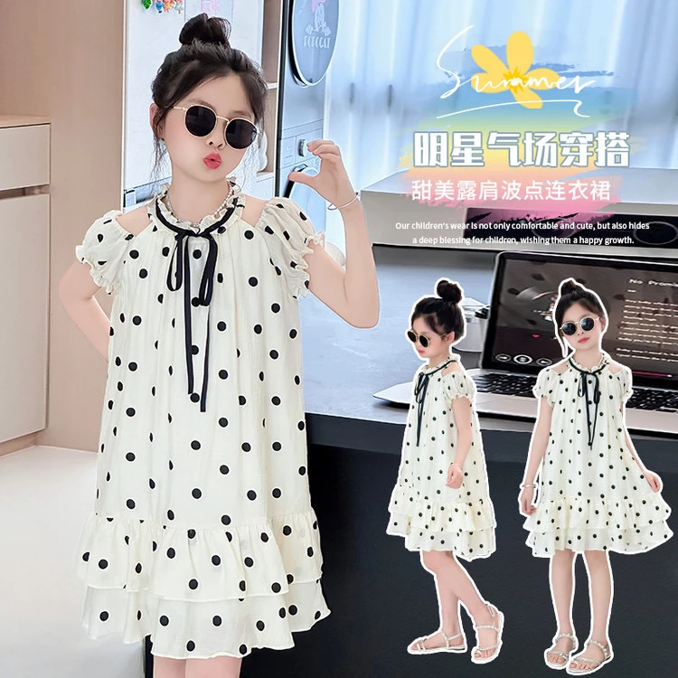 女童连衣裙夏季新款时尚洋气露肩波点连衣裙（价格已开）